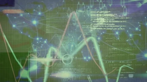 Animation of graph, green energy, programming language, blockchain over dots 스톡 동영상 330255406