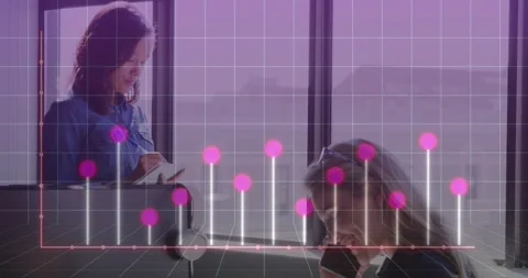 Animation of graph, grid pattern, diverse female coworkers writing in notepad 스톡 동영상 252358587