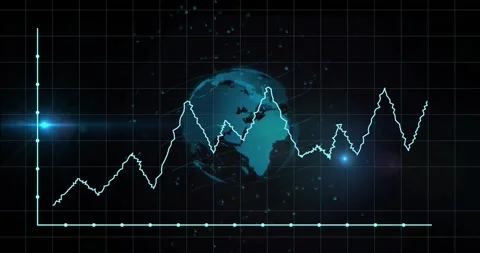 Animation of graph, grid pattern, lens flares and rotating globe over black Stock Footage 257068381