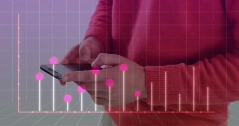 Animation of graph on grid pattern over midsection of man standing and using Stock Footage 250953506