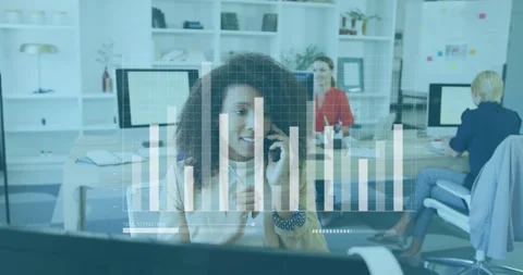 Animation of graph on grid pattern over biracial woman holding pen and talking Stock Footage 252009527