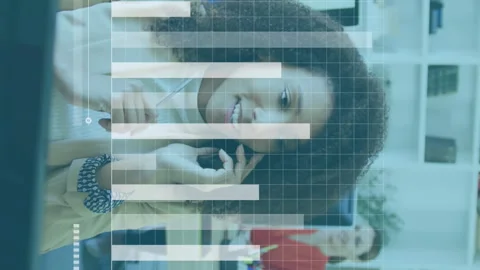 Animation of graph on grid pattern over woman holding pen and talking on 動画素材 313369636