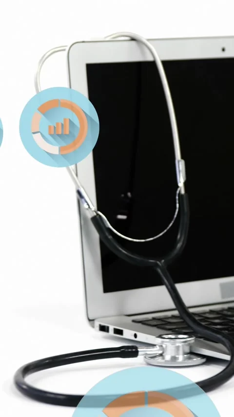 Animation of graph icon in circles over stethoscope and laptop on desk against Stock Footage 344244108