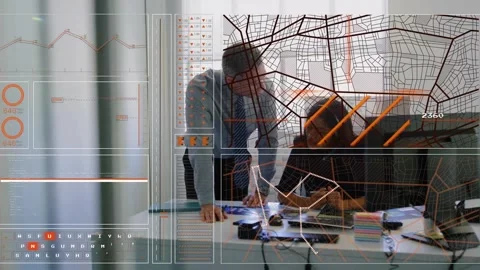 Animation of graph, loading circle, navigation pattern, diverse coworkers Stock Footage 246032512