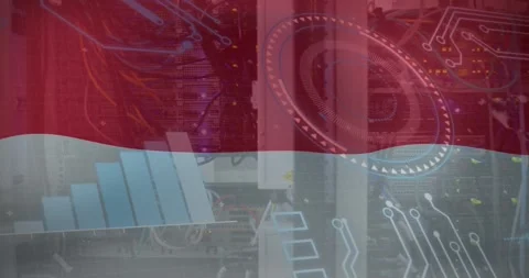 Animation of graph, loading circles and circuit board pattern over indonesian Stock Footage 247124139