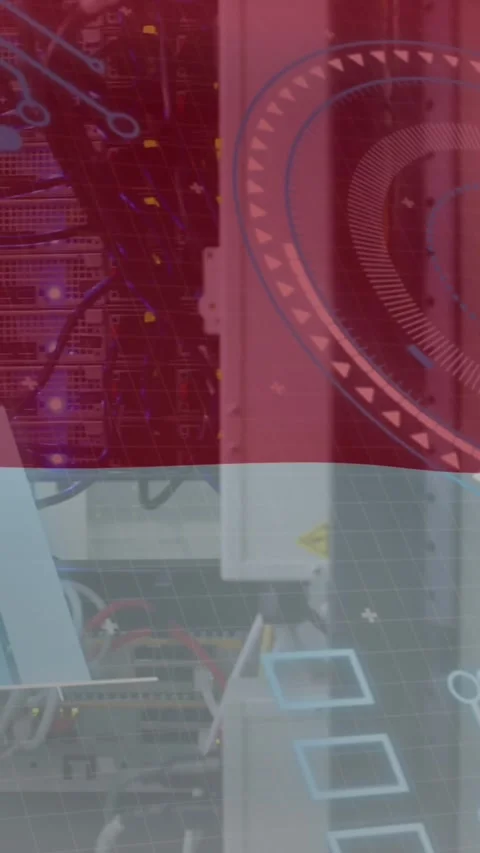 Animation of graph, loading circles and circuit board pattern over indonesian Stock Footage 321039245