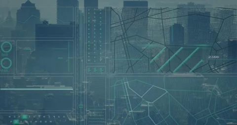 Animation of graph, loading circles and navigation pattern against city in Stock Footage 328974535