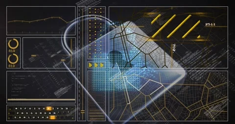 Animation of graph, loading circles, bars, navigation pattern over computer Stock Footage 329775655