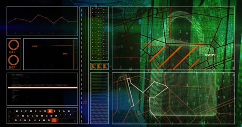 Animation of graph, loading circles, computer language, letters, numbers, Stock Footage 247908515