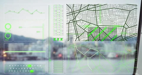 Animation of graph, loading circles, navigation pattern over modern cityscape 스톡 동영상 329710868