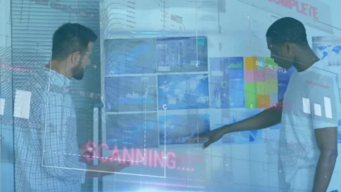 Animation of graph, map and abstract pattern on diverse coworkers analyzing Stock Footage 329418152