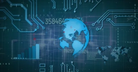 Animation of graph, map, changing numbers, map, circuit board pattern over globe Stock Footage 242749457