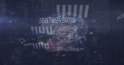 Animation of graph, multiple numbers countdown, globe and digital brain against 스톡 동영상 315837649