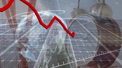 Animation of graph, numbers and abstract pattern around globe over alarm clock Stock Footage 327275038
