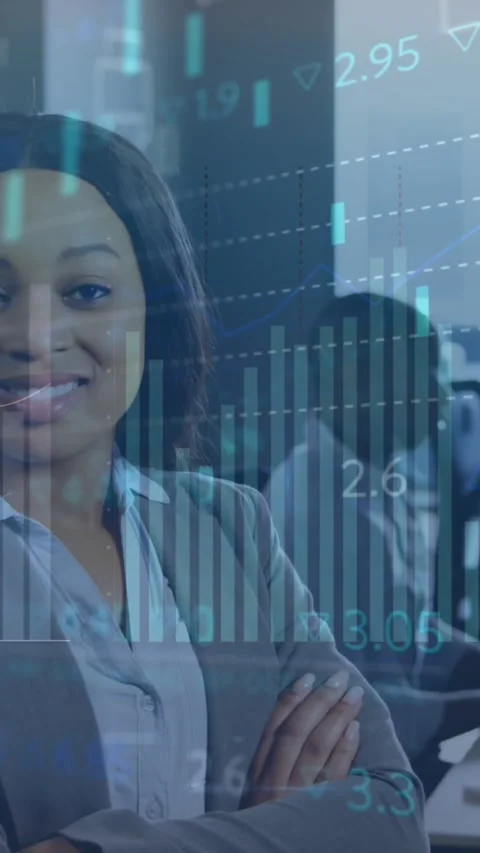 Animation of graph, numbers, loading circles, african american businesswoman Stock Footage 344613870