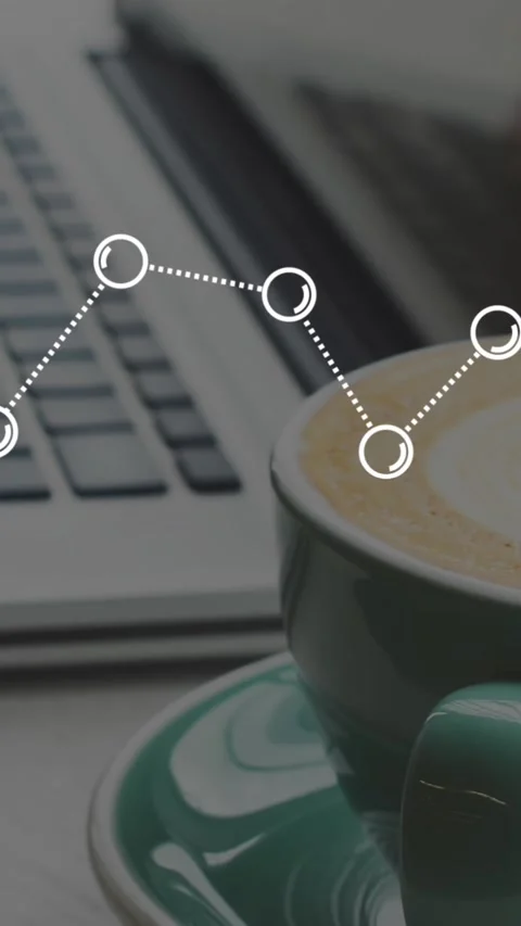 Animation of graph over close up of coffee cup and cropped hands typing on Stock Footage 344766128