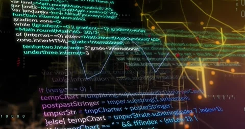 Animation of graph over computer language against illuminated map interface in Stock Footage 326764839