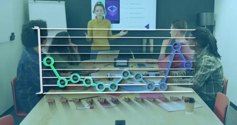 Animation off graph over diverse female woman giving presentation to coworkers 스톡 동영상 330474424