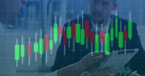 Animation of graph over grid pattern against diverse coworkers discussing Stock Footage 244699137