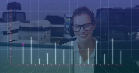 Animation of graph over grid pattern against caucasian woman working on desktop Stock Footage 246588657