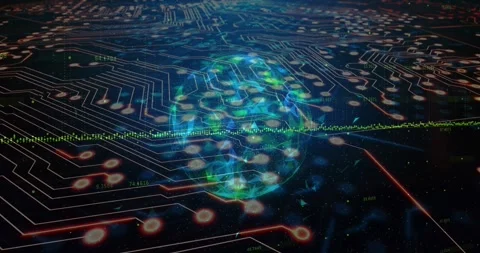 Animation of graph over illuminated rotating globe against circuit board pattern Stock Footage 329166376