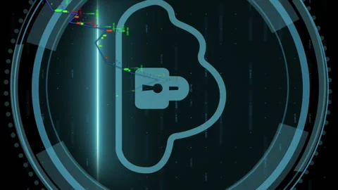 Animation of graph over padlock in cloud and circles against numbers on black Stock Footage 312472190