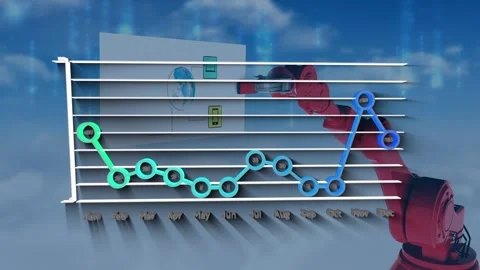 Animation of graph over sky and robot holding sheet with tech icons Stock Footage 327201378