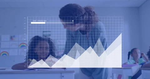 Animation of graph processing data over diverse female teacher and schoolgirl Stock Footage 268068415