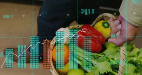 Animation of graph processing data over caucasian man carrying vegetables in Stock Footage 268068722