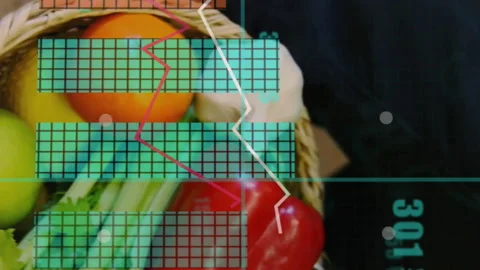 Animation of graph processing data over caucasian man carrying vegetables in Stock Footage 312411885