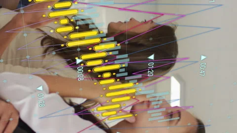 Animation of graph processing data over diverse female colleagues brainstorming Stock Footage 313018238