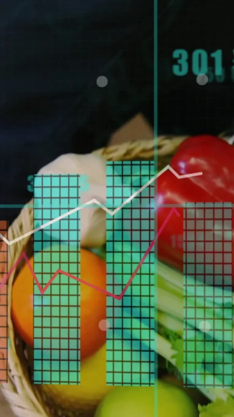 Animation of graph processing data over caucasian man carrying vegetables in Stock Footage 320444362