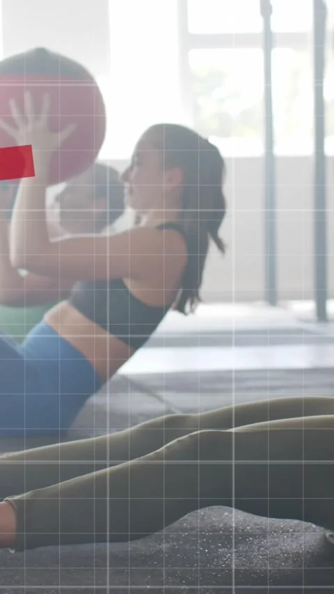 Animation of graph processing data over diverse women cross training with Stock Footage 323783027