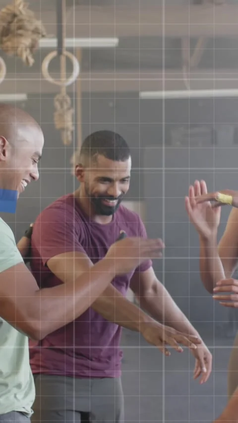 Animation of graph processing data over diverse fitness group embracing and Stock Footage 323783030