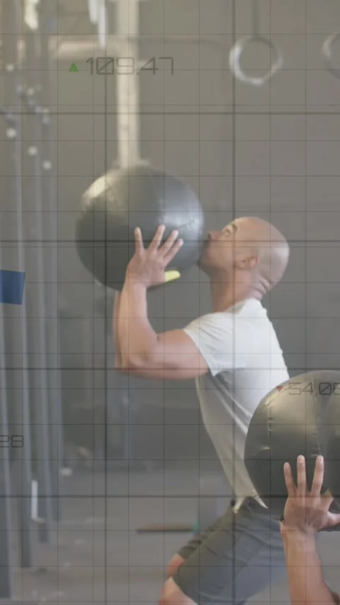 Animation of graph processing data over diverse male group cross training with Stock Footage 323783039