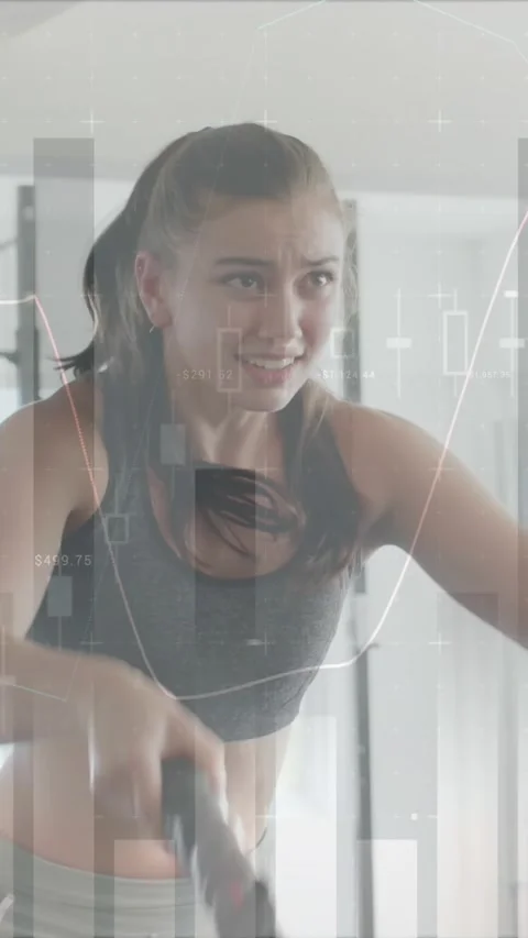 Animation of graph processing over happy caucasian woman cross training with Stock Footage 341918726