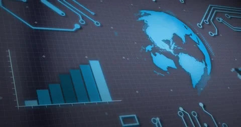 Animation of graph, rotating globe and circuit board pattern over gray Stock Footage 251290581