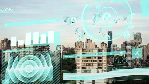 Animation of graph, wave pattern, circles around profile icons and numbers over Stock Footage 235741672