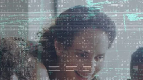 Animation of graphical binary and programming codes over caucasian mother with Vidéo 204708894