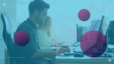 Animation of graphical circles and wave patterns moving over caucasian Stock Footage 326033727