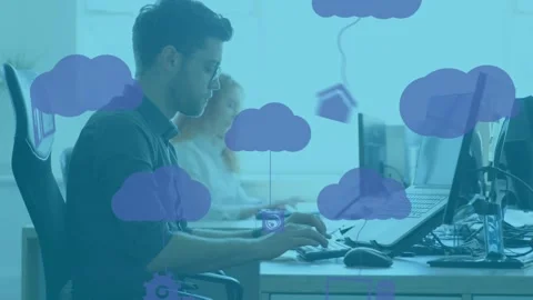 Animation of graphical clouds and computer icons over caucasian businessman Stock Footage 328974151