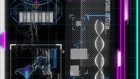 Animation of graphical infographic interface with analyzing system, functioning, Stock Footage 312471931