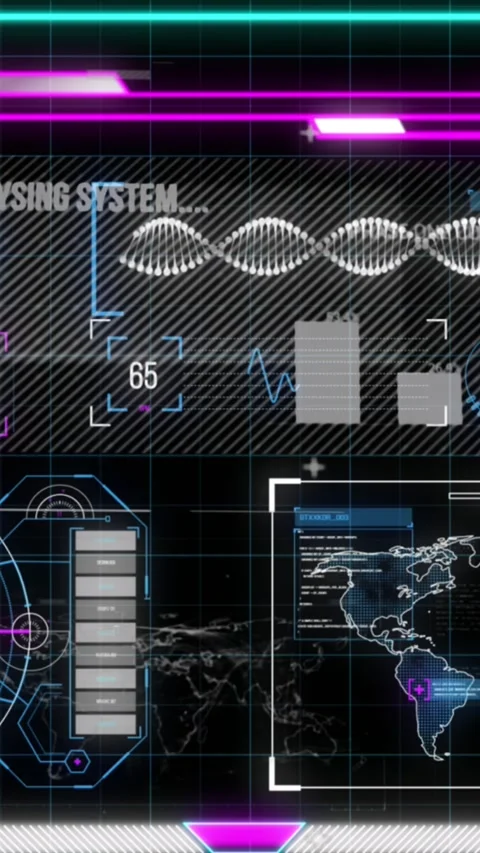 Animation of graphical infographic interface with analyzing system, functioning, Video stock 322560843