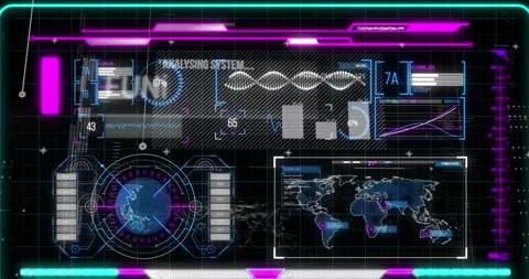 Animation of graphical infographic interface with analyzing system, functioning, Video stock 329032707
