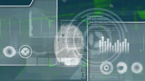 Animation of graphical interface with dna helix, eyeball, fingerprints and Stock Footage 327642523
