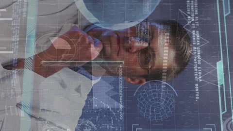 Animation of graphical interface with moving coding and charts over thoughtful Stock Footage 312411263