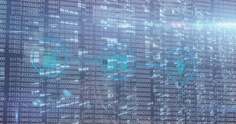 Animation of graphical padlock, camera and gps icons in circle over changing Video stock 202562917