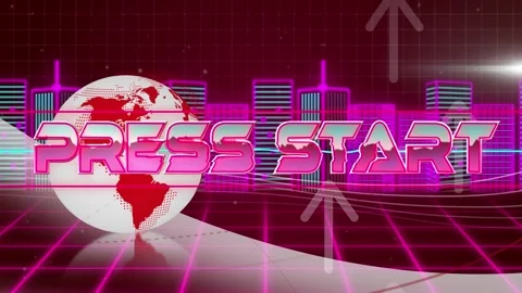 Animation of graphical press start pink text over globe, buildings, grid pattern Stock Footage 326625001