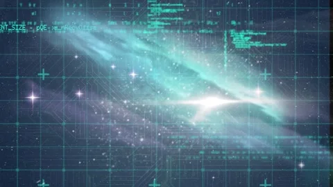 Animation of graphical programming data and grid pattern moving amidst galaxy Stock Footage 328641475