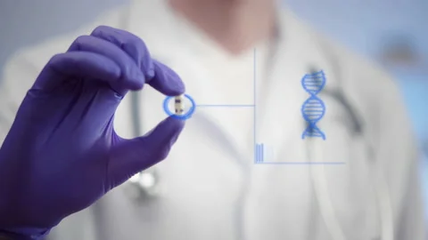 Animation of graphical rotating dna and doctor holding drug in hospital Stock Footage 220549368